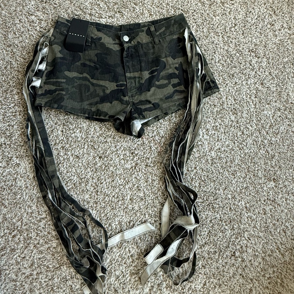 Camo Green Fringe Jean Shorts